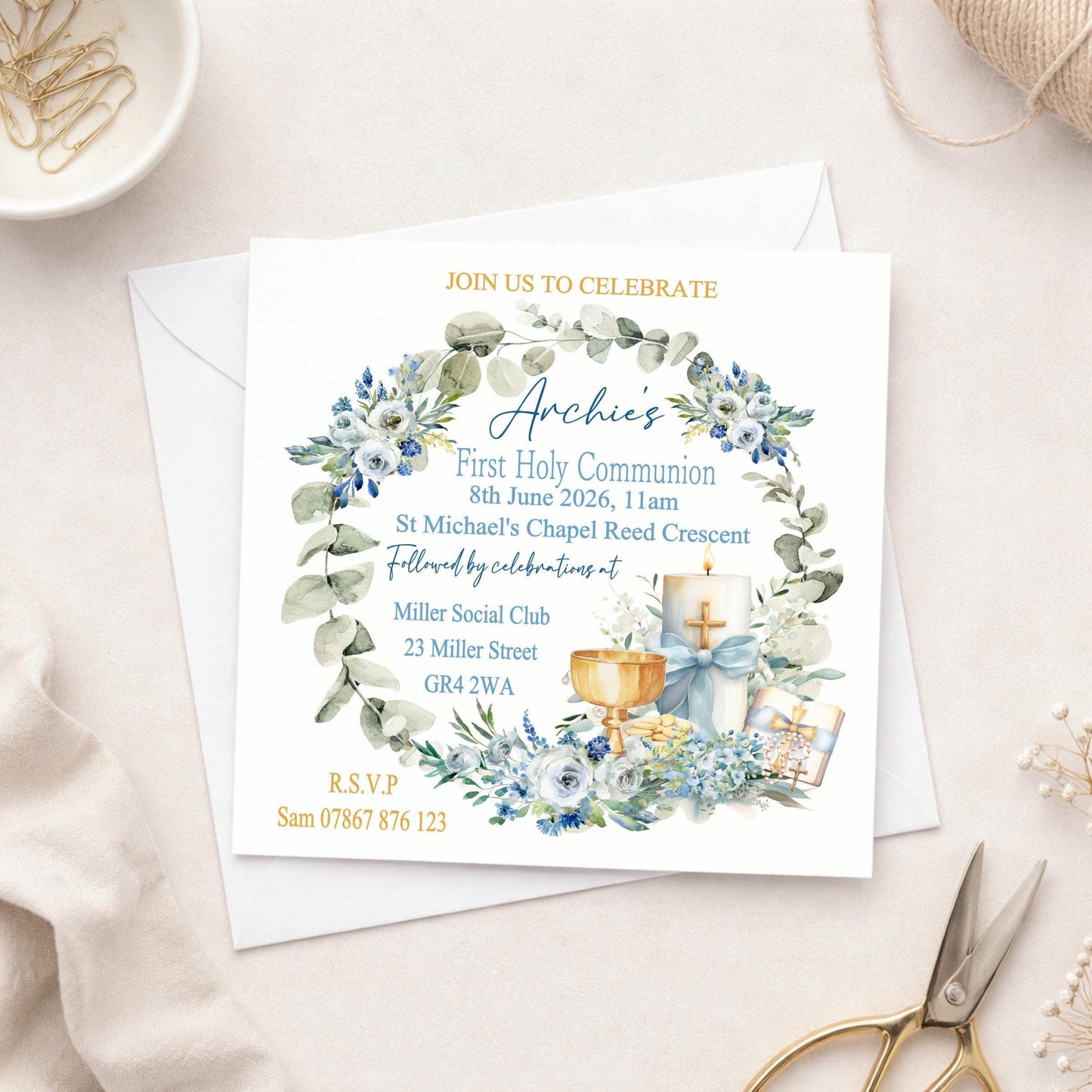 Printed Personalised First Holy Communion Invitations, Baptism or Confirmation Party