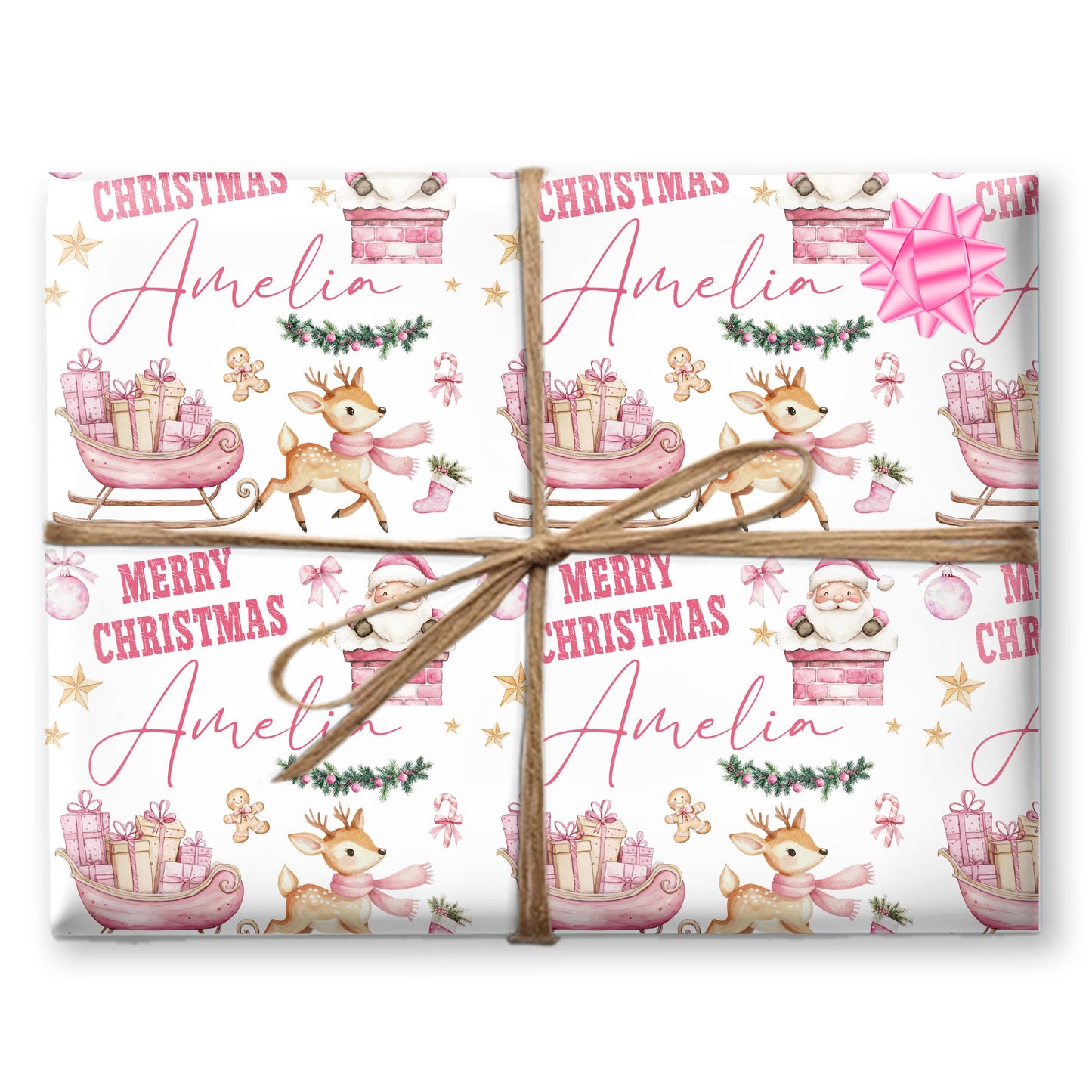 Personalised Gift Wrap | Personalised Christmas Wrapping Paper | Personalised Gift Wrap | Fun Gift Wrap | Pink Reindeer Sleigh