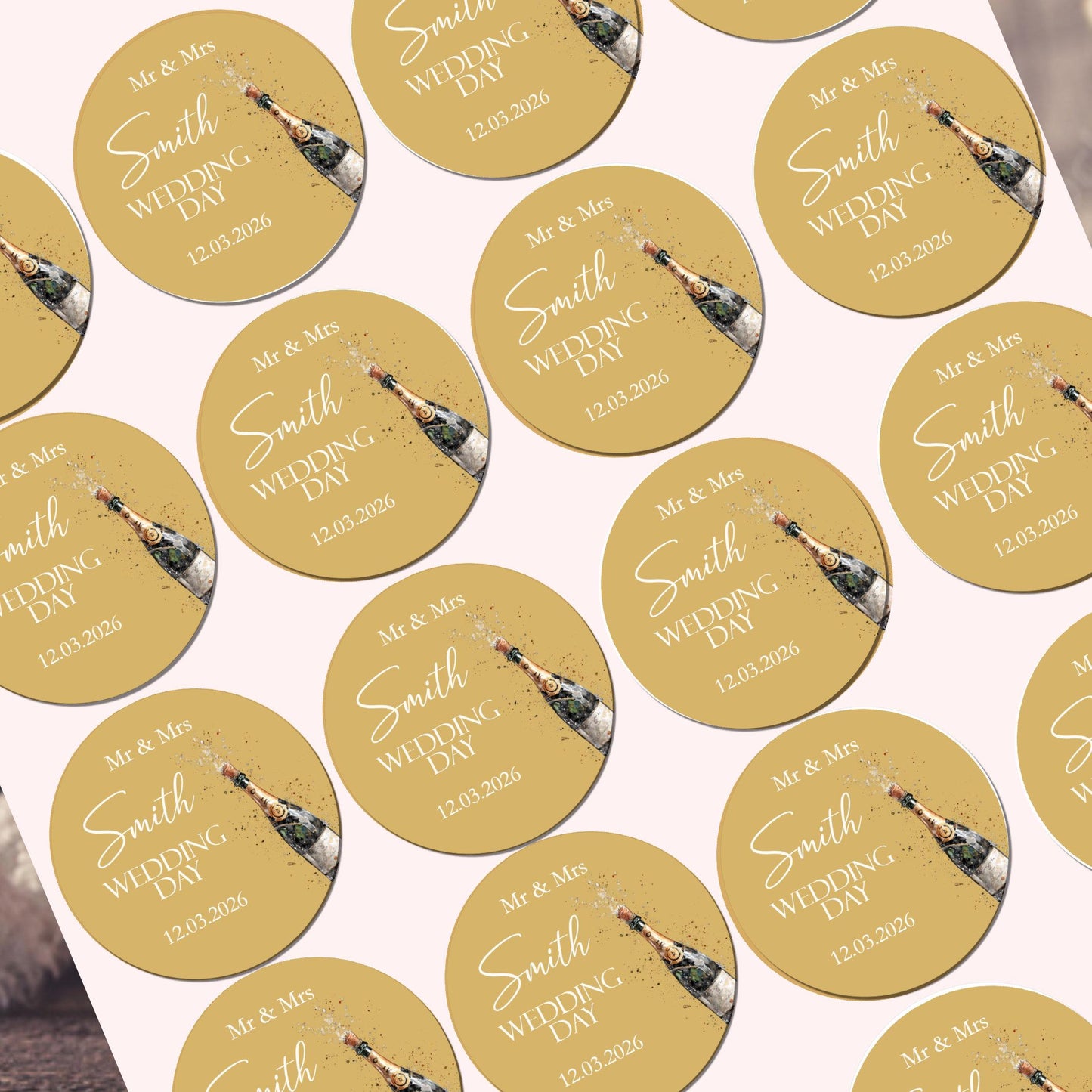 Personalised Wedding Stickers, Watercolour Champagne Bottle Design, Favor Labels