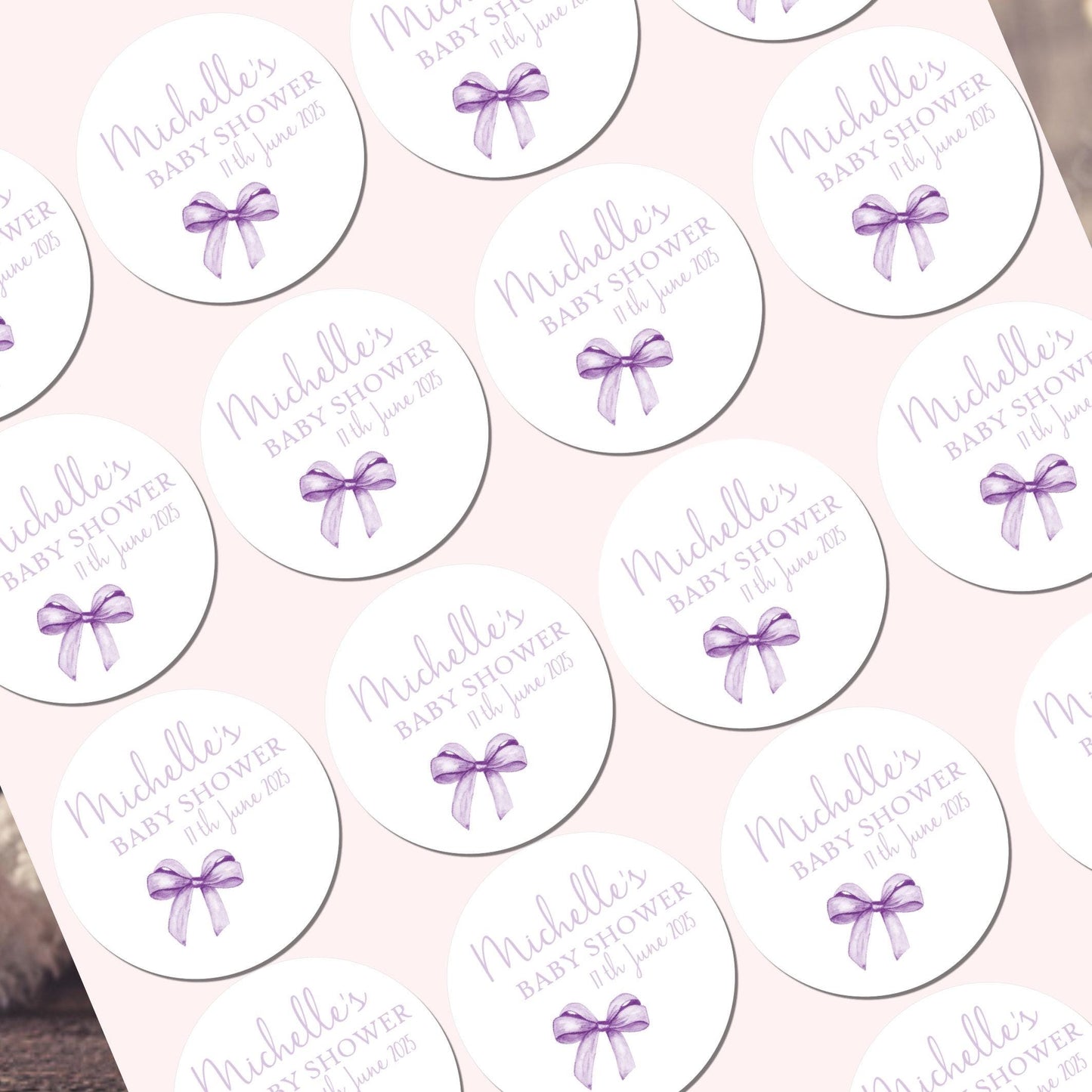 Personalised Baby Shower Stickers for Favours Party Bags Watercolour bow