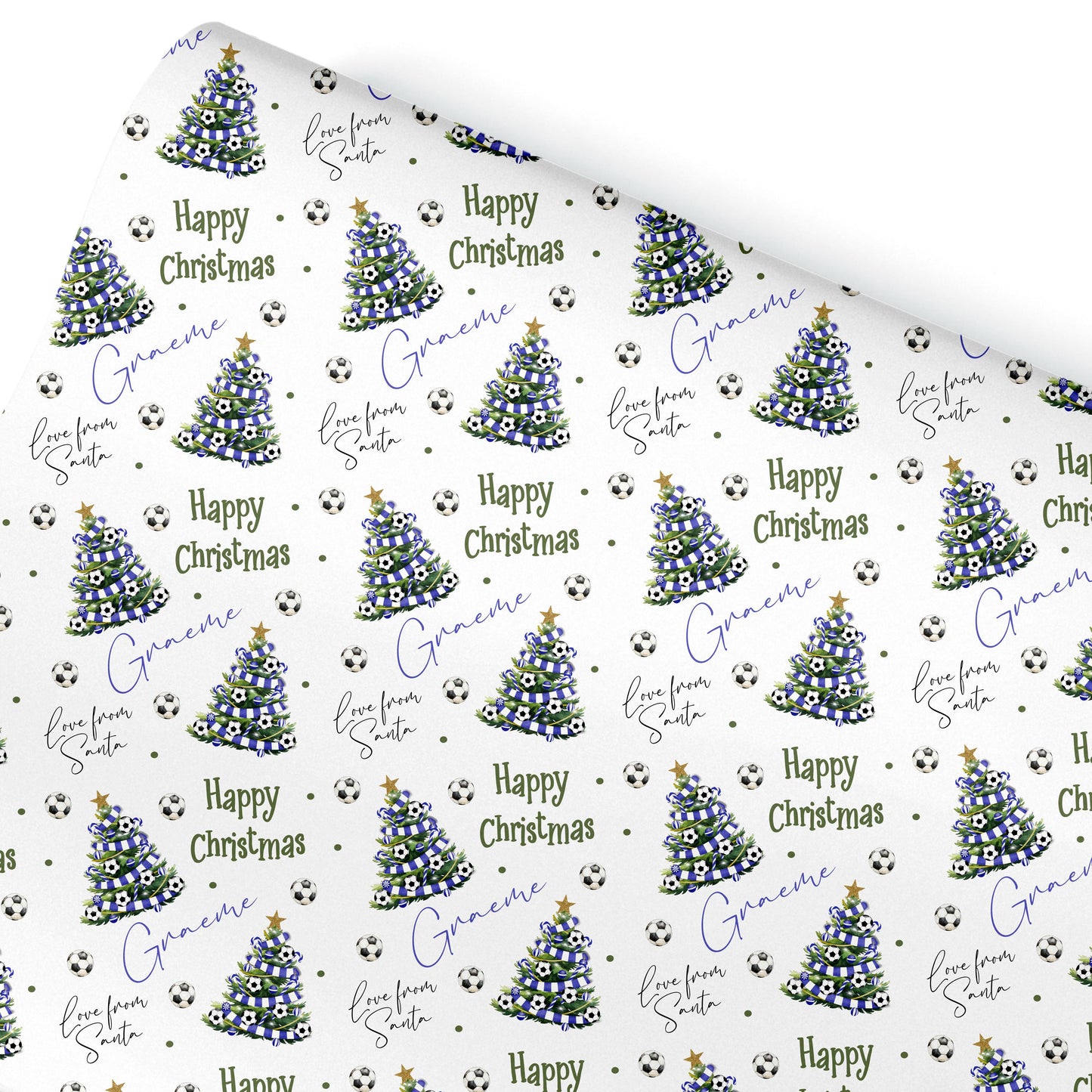 Personalised Christmas Gift Wrap – Football Christmas Tree Design, Footie Blue and White