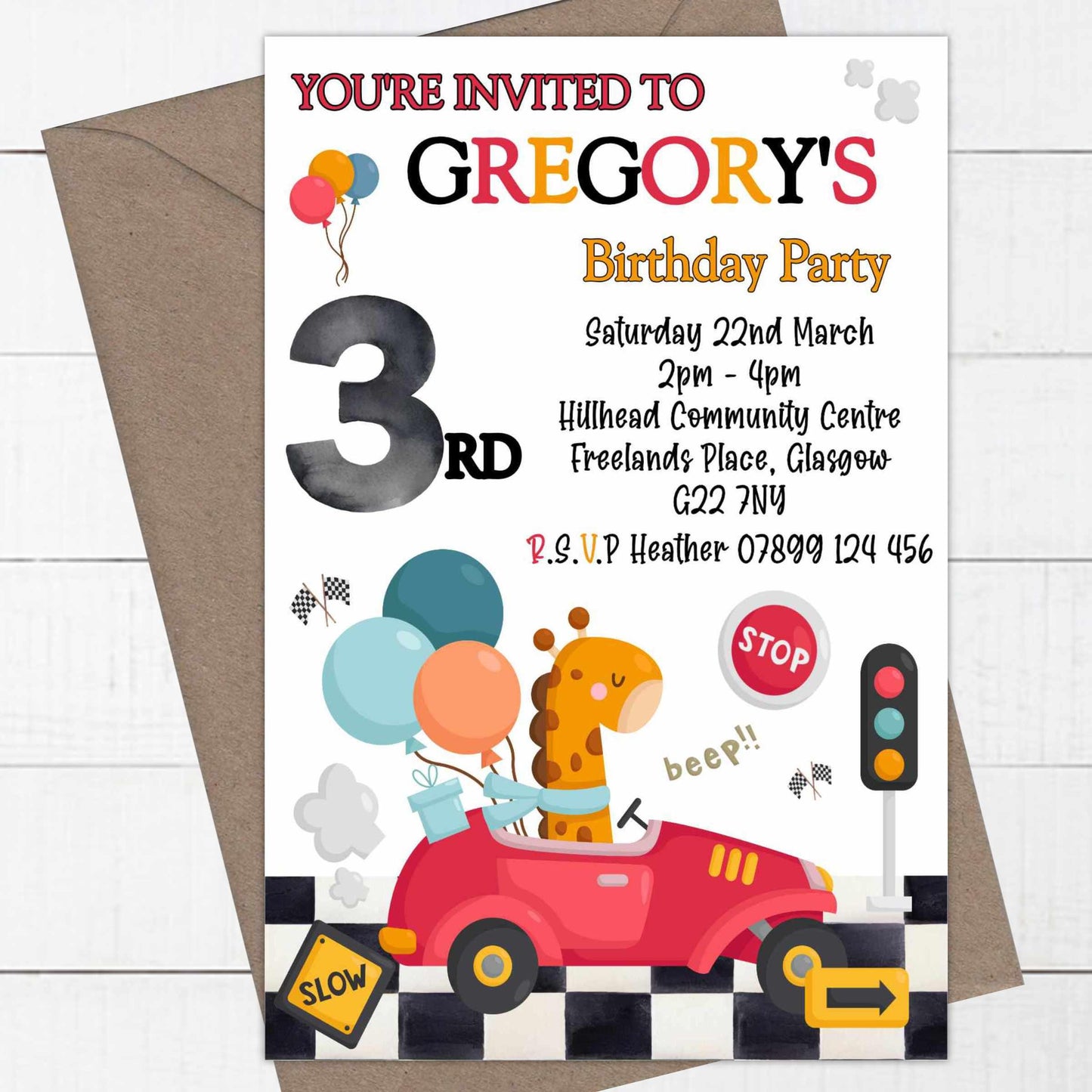 10 Printed Personalised Birthday Party Fun Giraffe Car Design