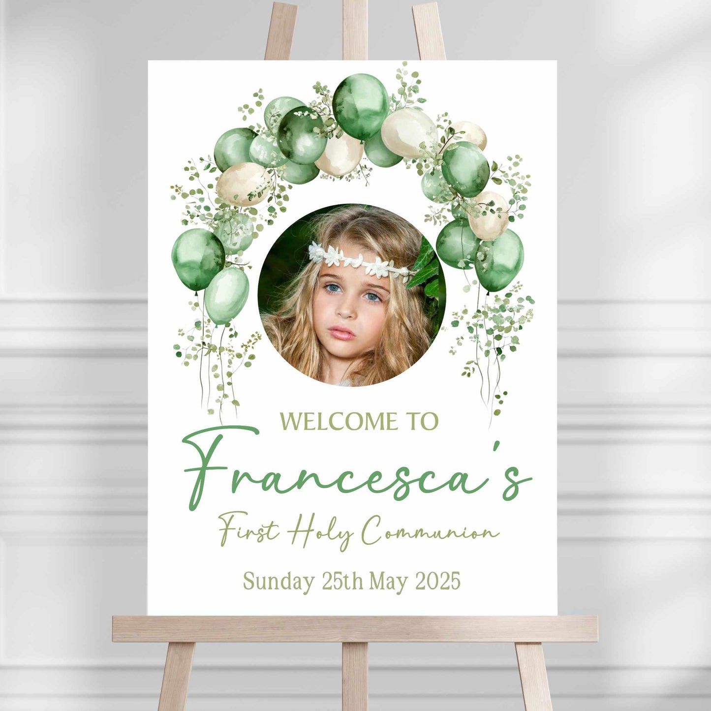 Printed Personalised First Holy Communion Welcome Sign, Custom Baptism & Christening Sign, Green Balloons With Photo
