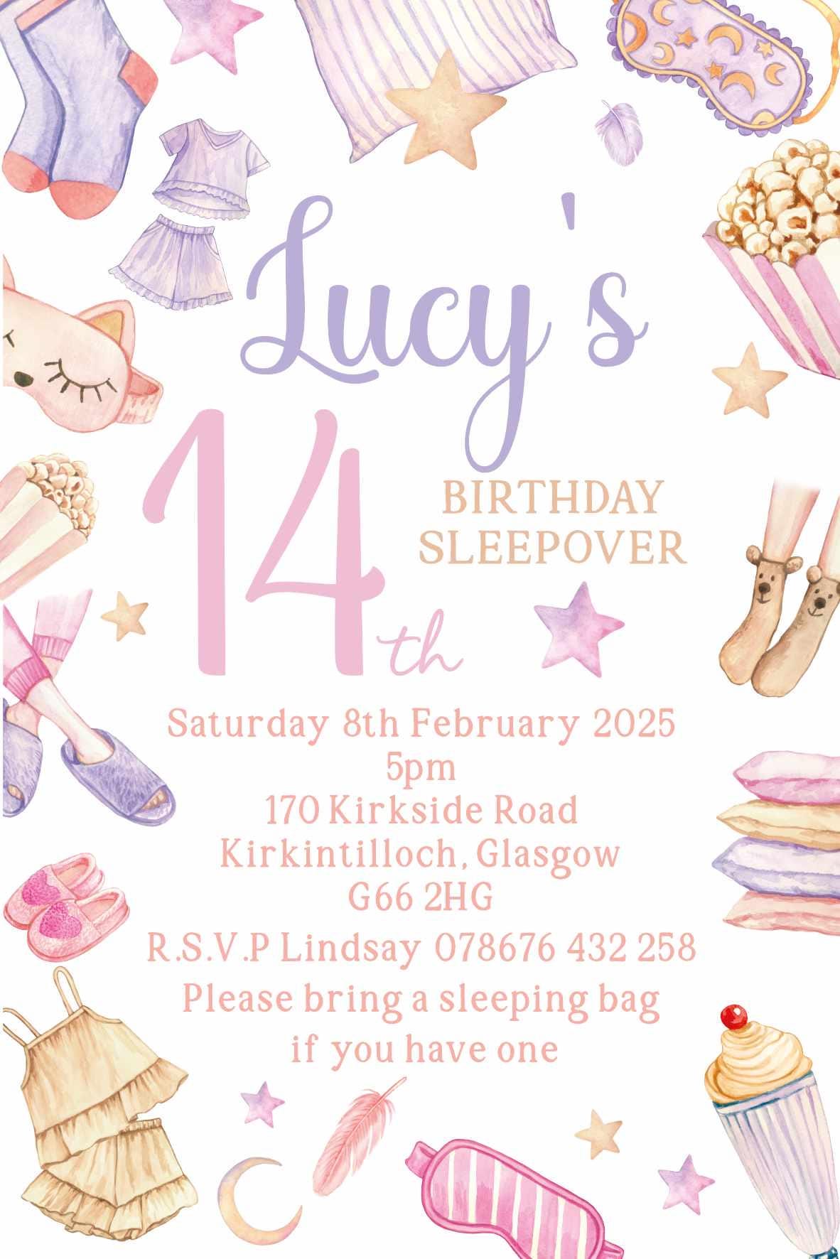10 Printed Personalised Birthday Party Invitations Sleepover, Girls Slumber Party