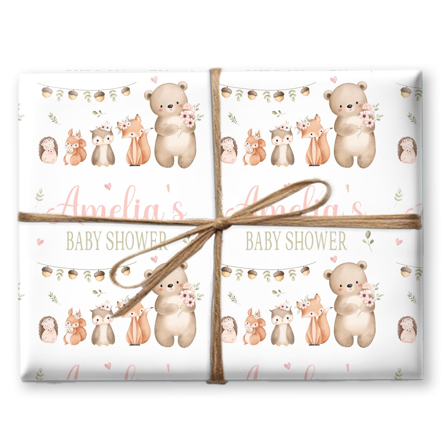 Personalised Baby Shower, New Baby Gift Wrapping Paper Custom Name & Date Watercolour Watercolour Woodland Animals