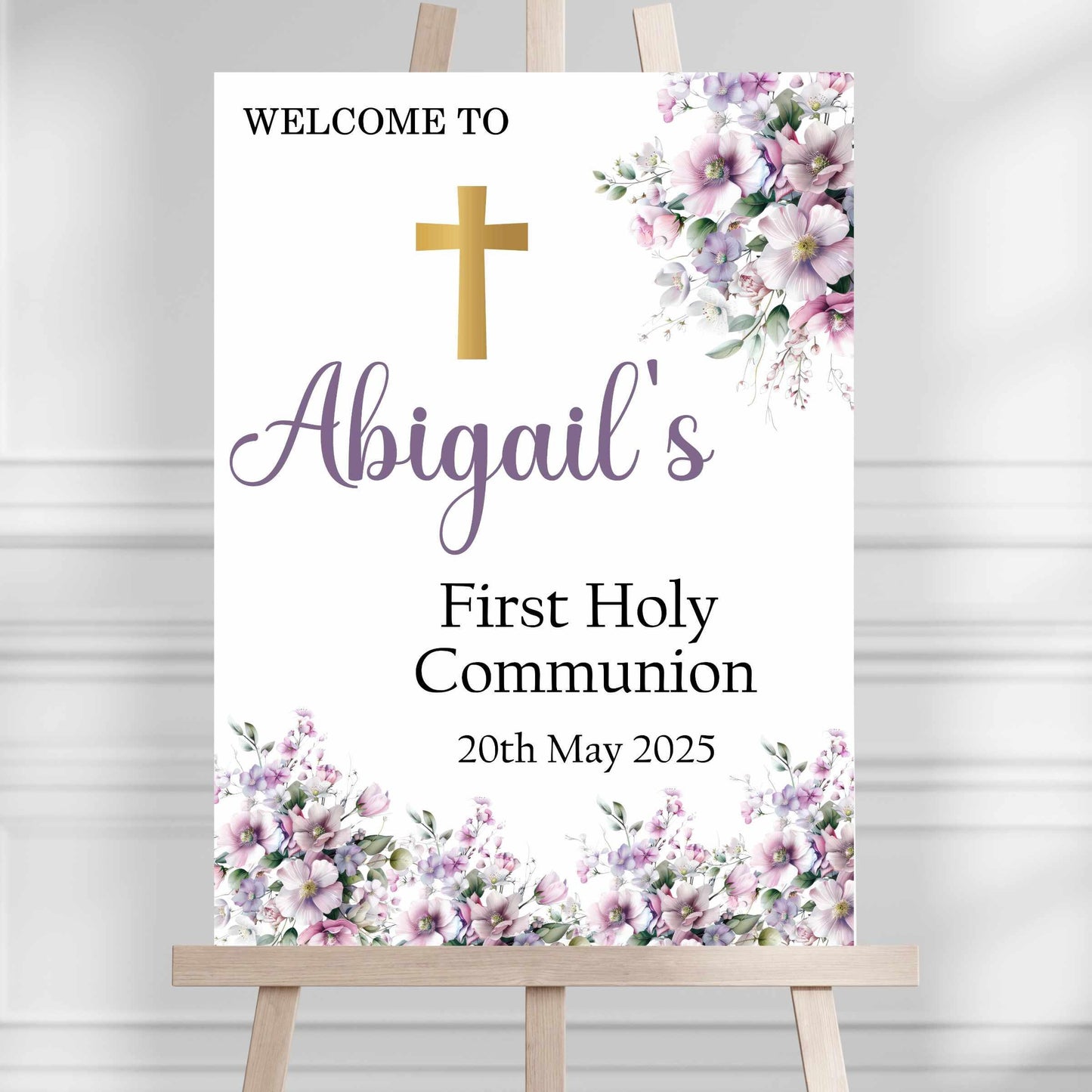 Printed Personalised First Holy Communion Welcome Sign, Custom Baptism & Christening Sign, Lilac Floral