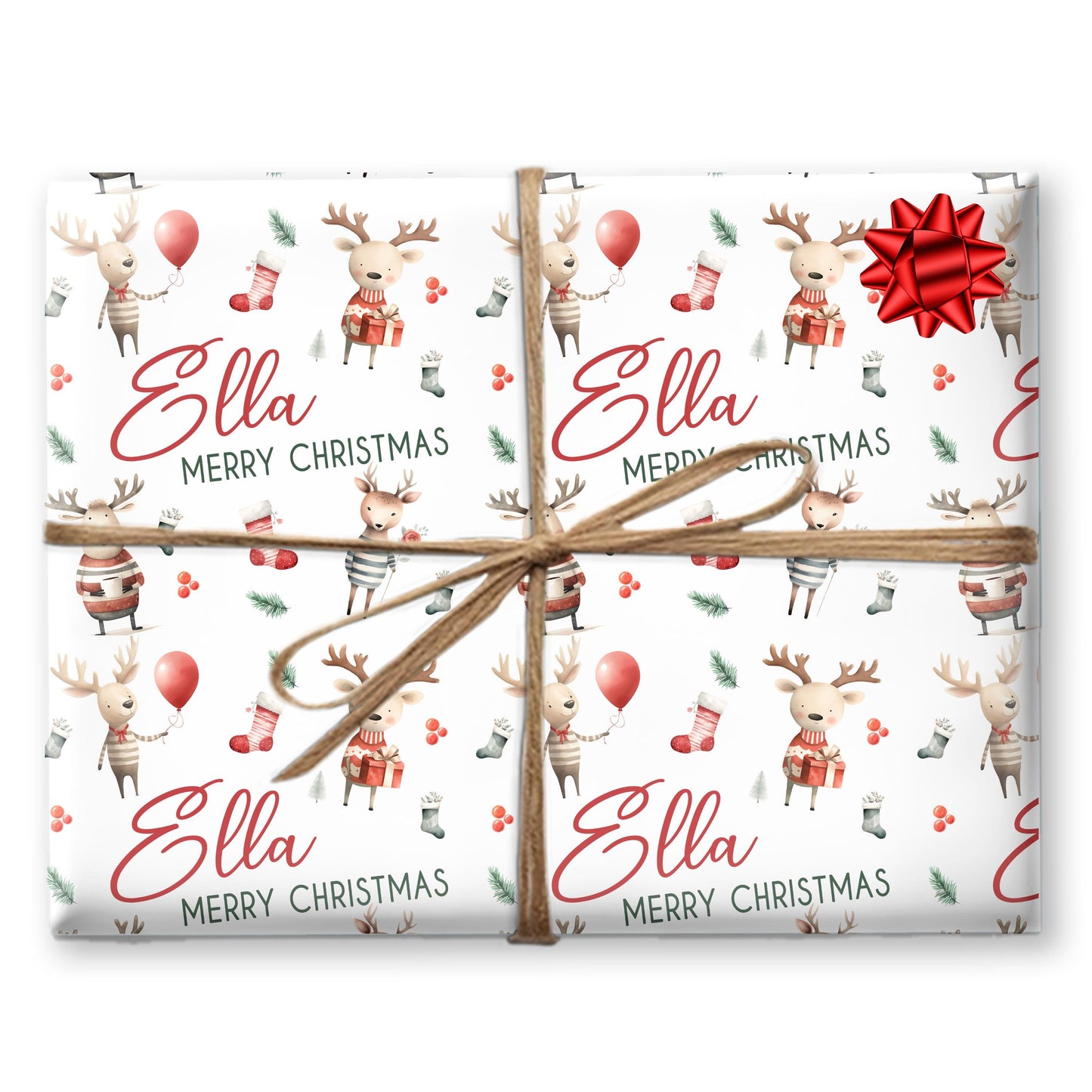 Childrens Gift Wrap Wrapping Paper, Santa & Reindeer Design, Personalised Boys and Girls Paper, Novelty Gift Wrap Roll
