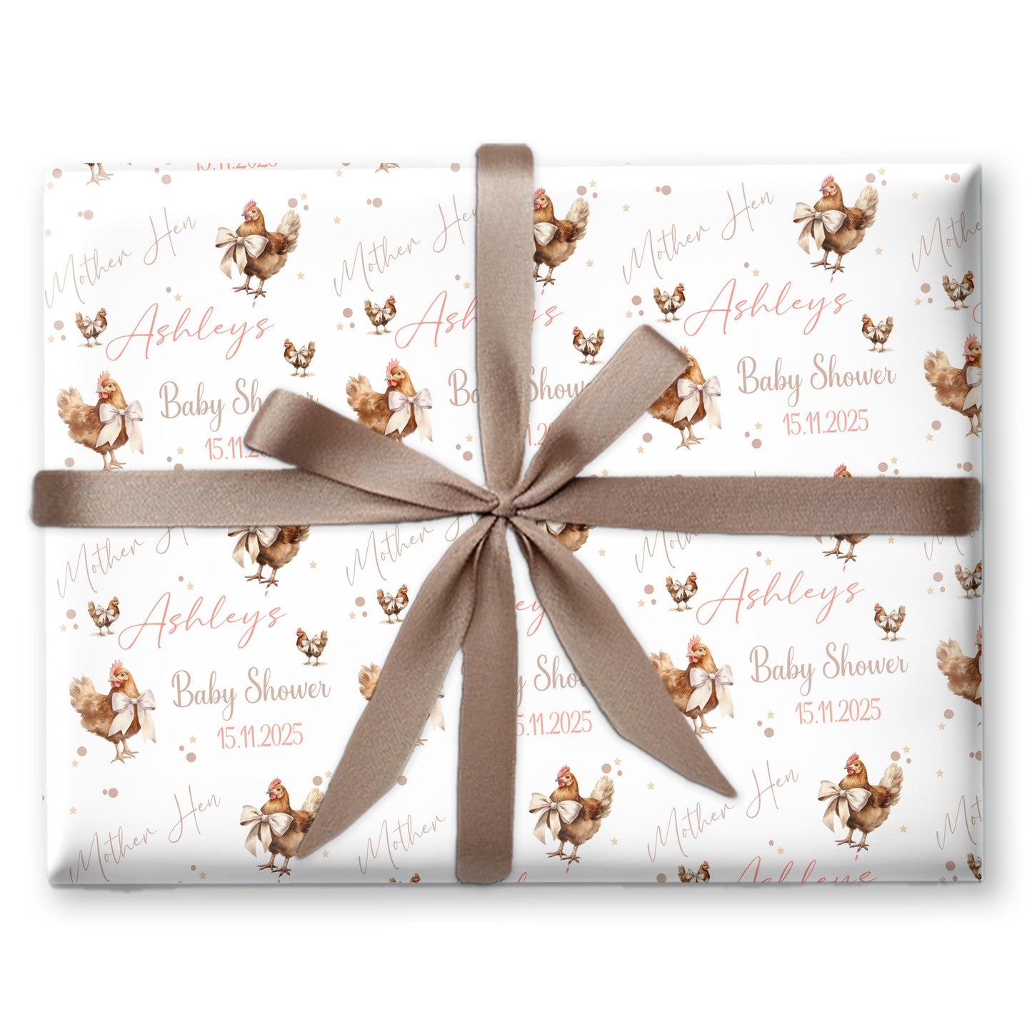 Personalised Baby Shower, New Baby Gift Wrapping Paper Custom Name & Date Watercolour Mother hen Design