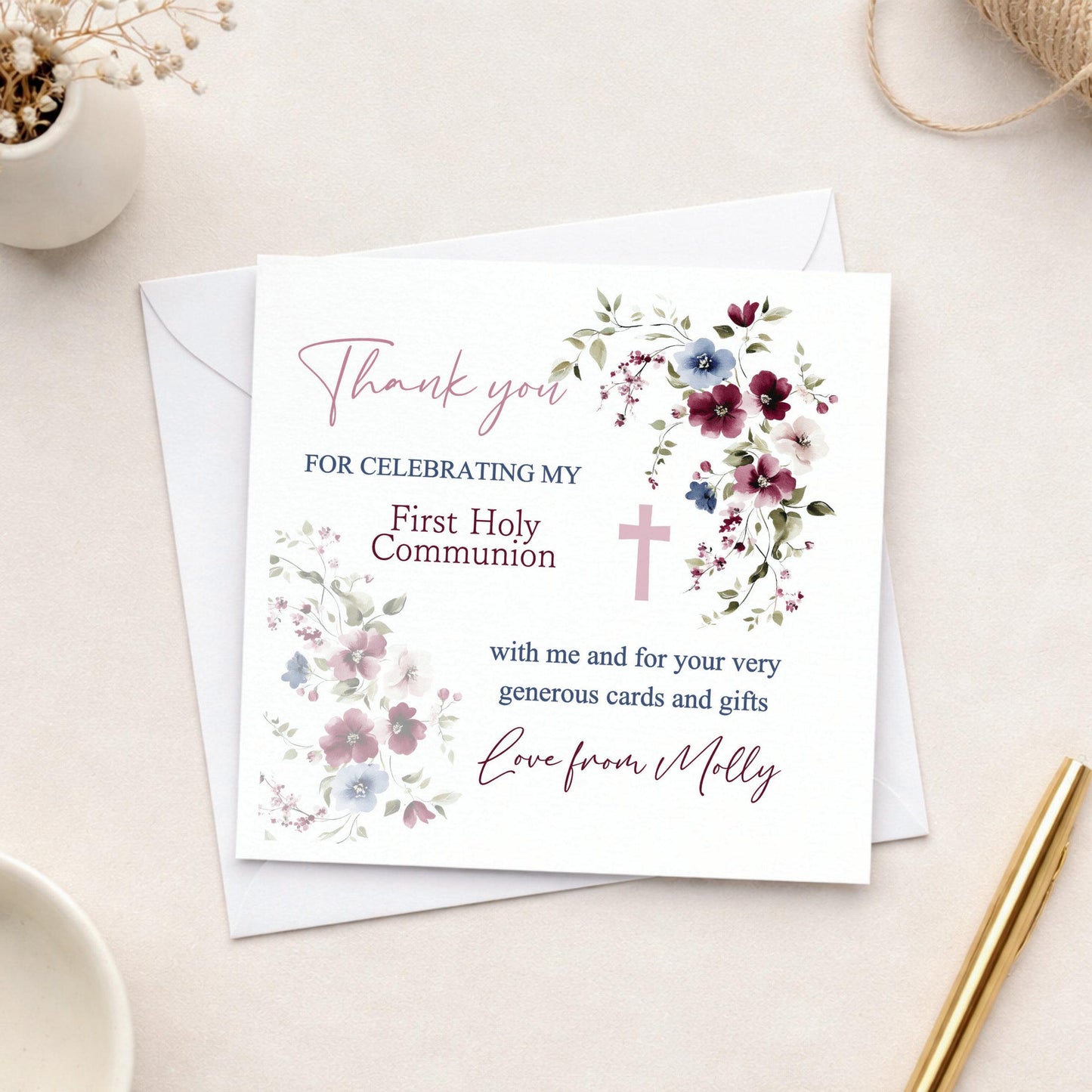 Personalised Holy Communion Thank You Cards, Pastel Red and pink Floral Design, Includes Envelopes