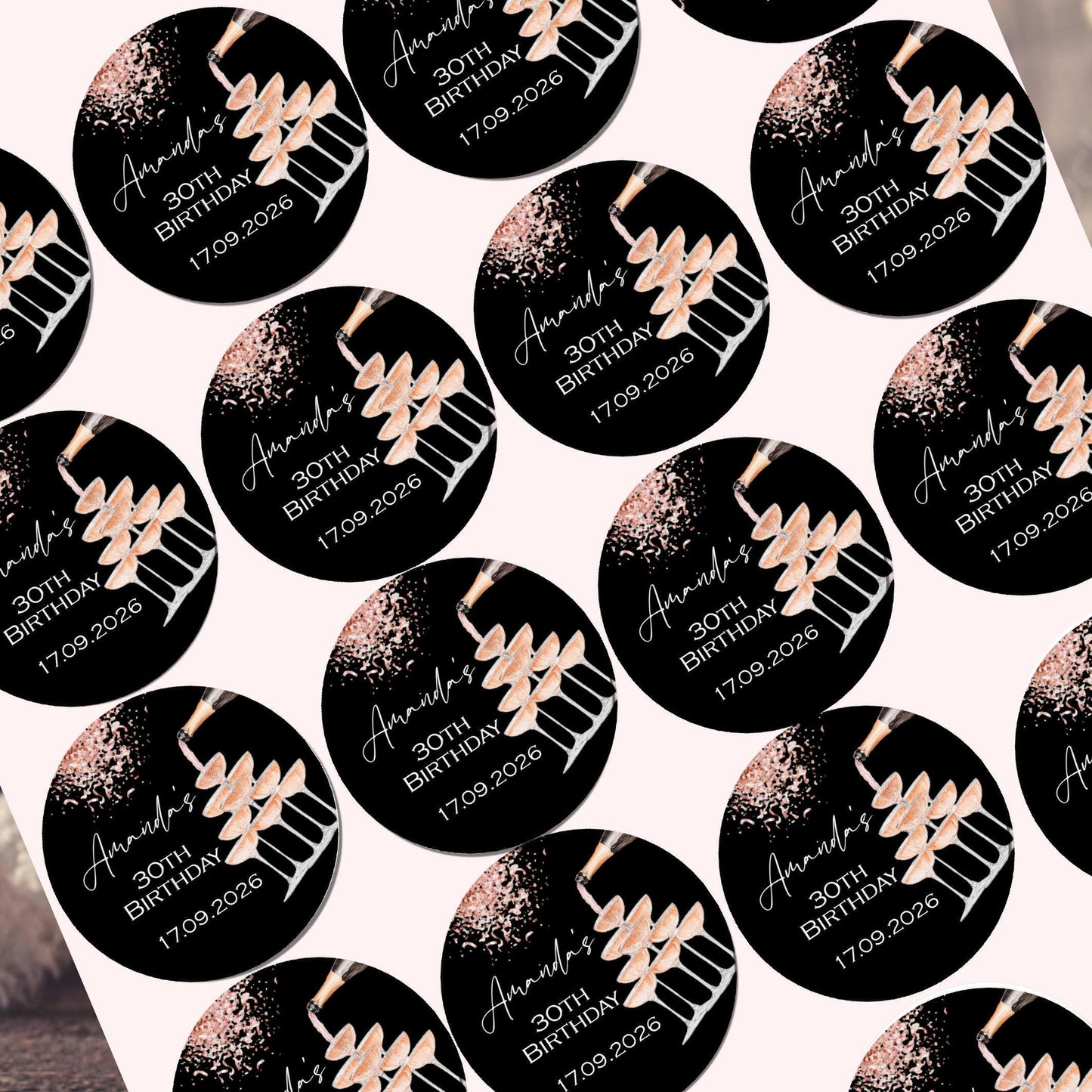 Personalised Birthday Stickers for Favours Party Bags Birthday Cake Seals Birthday Labels Celebration stickers Champagne stickers