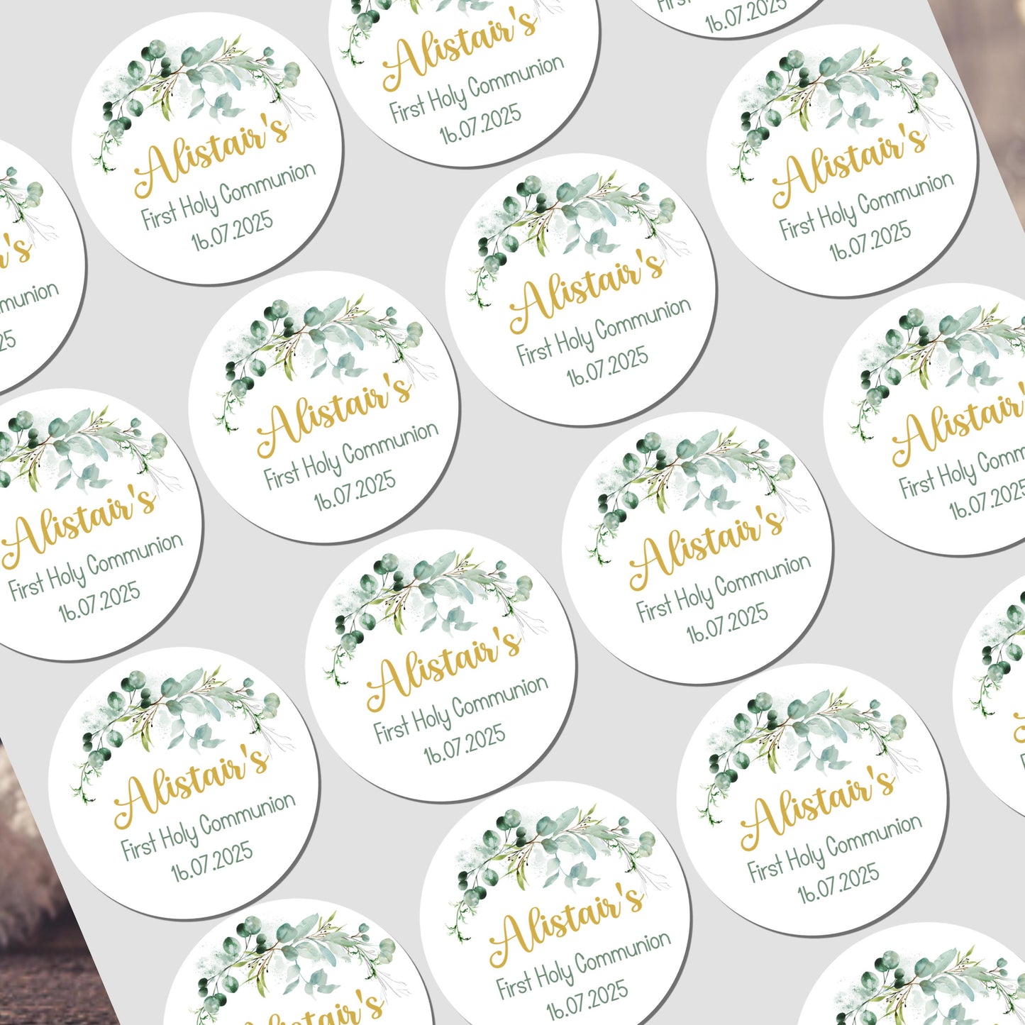 Personalised First Holy Communion Stickers, Party Bag Stickers, Sweet Cone Bags, Christening, Baptism Party Favours