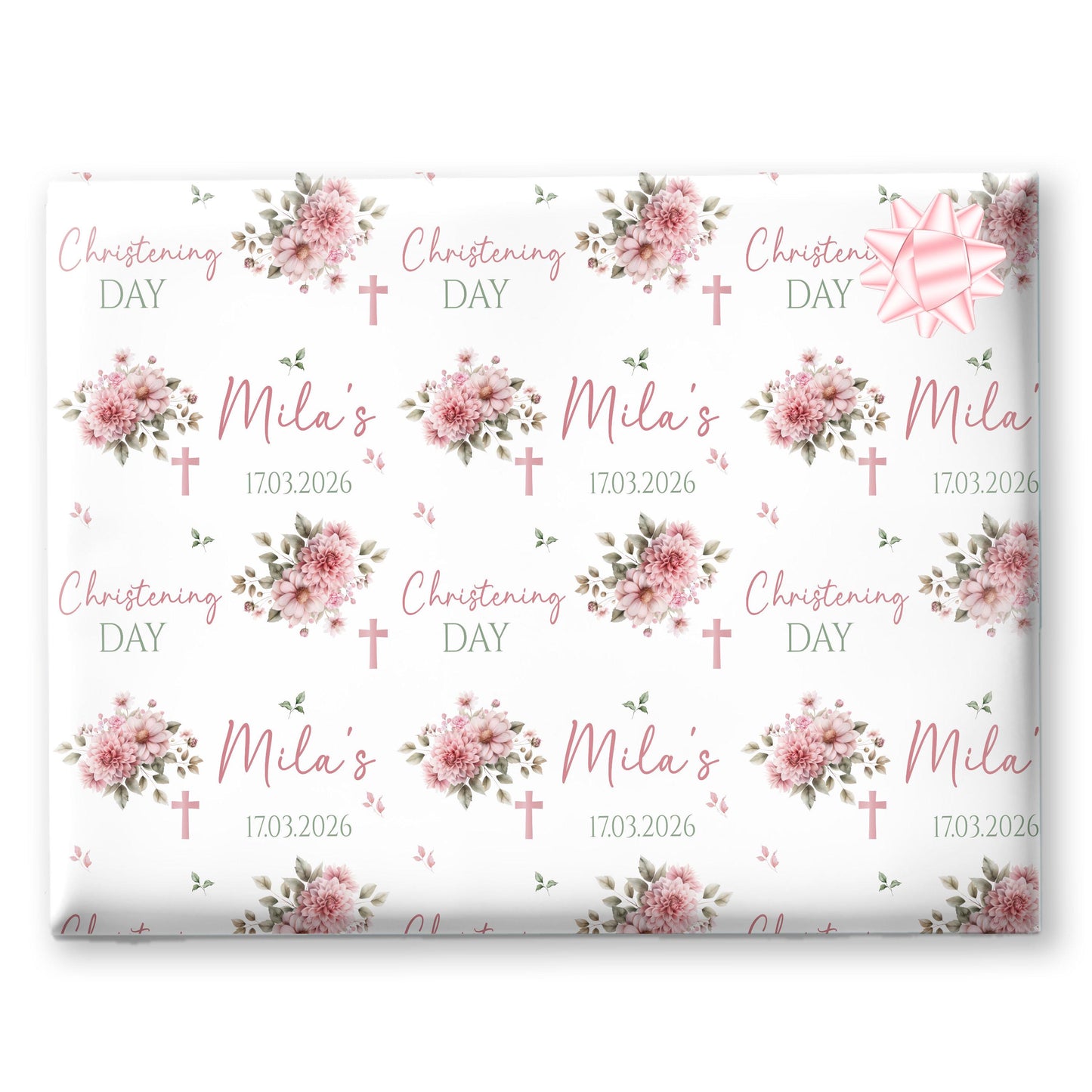 Personalised Christening Wrapping Paper – Custom Name Gift Wrap for Girl