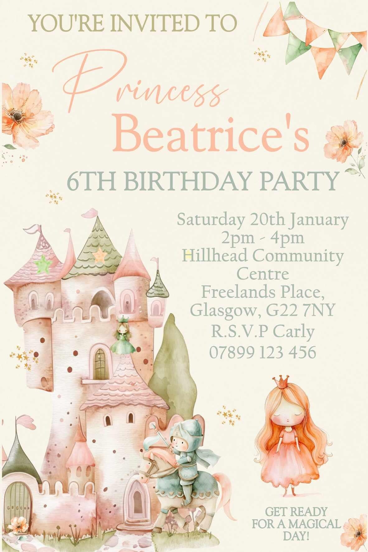 10 Printed Personalised Birthday Party Invitations Princess Castle