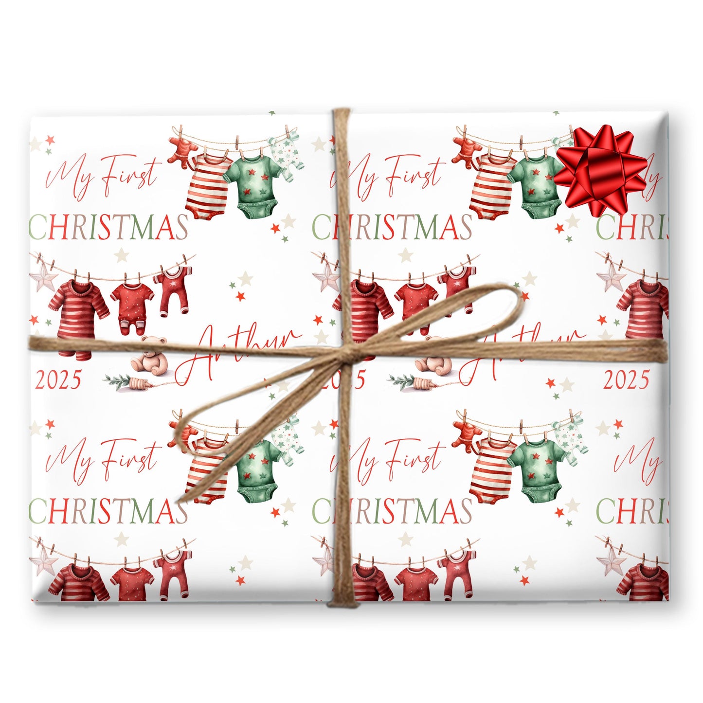 Baby's First Christmas Gift Wrap Wrapping Paper, Baby Gift Ideas Cute Washing Line wrapping paper , Personalised New Baby Christmas