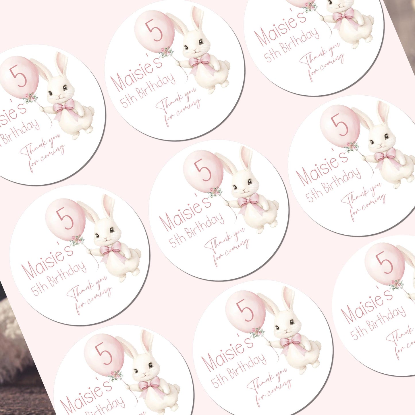 Personalised Birthday Stickers for Favours Party Bags Bunny rabbit stickers