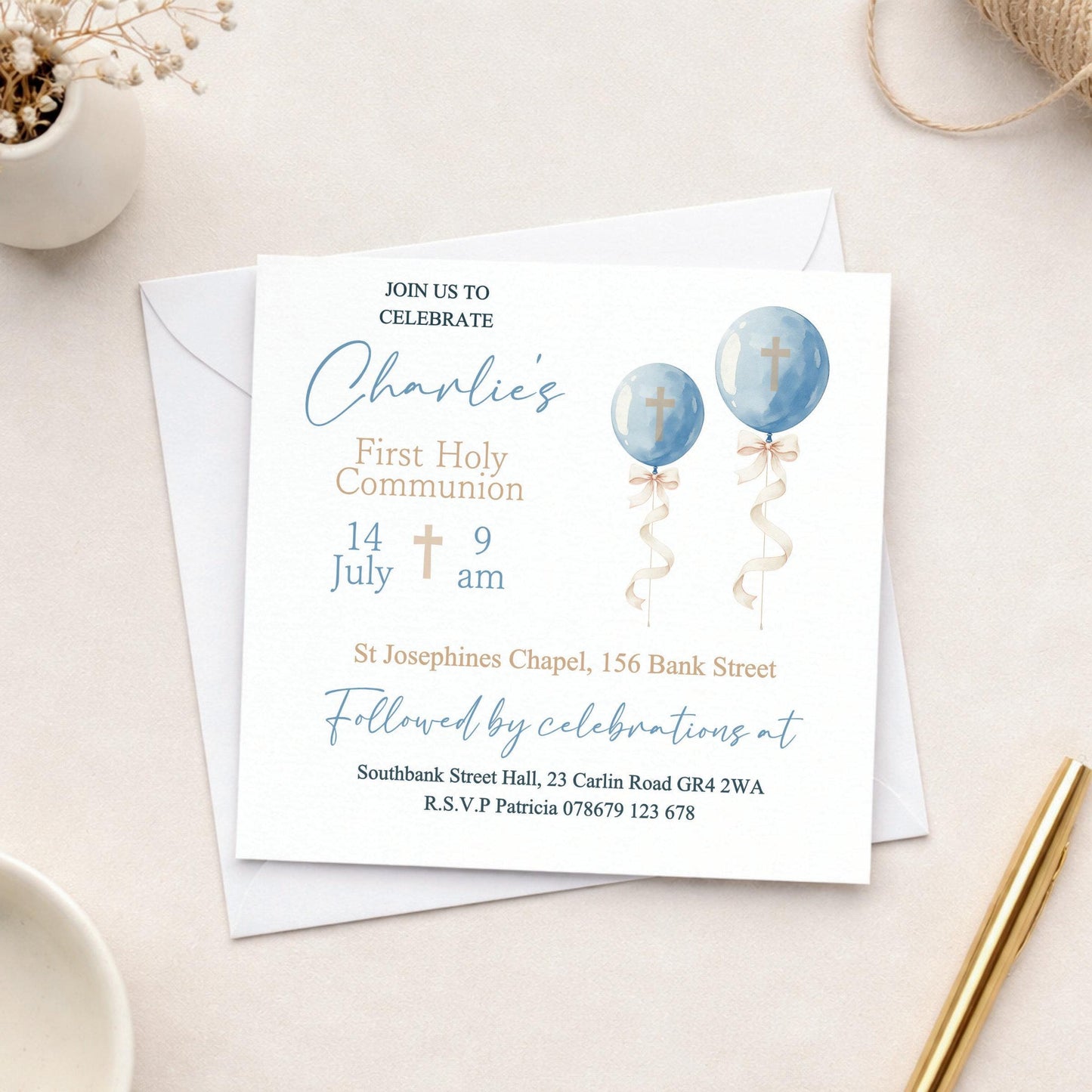 Printed Personalised First Holy Communion Invitations, Baptism or Confirmation Party