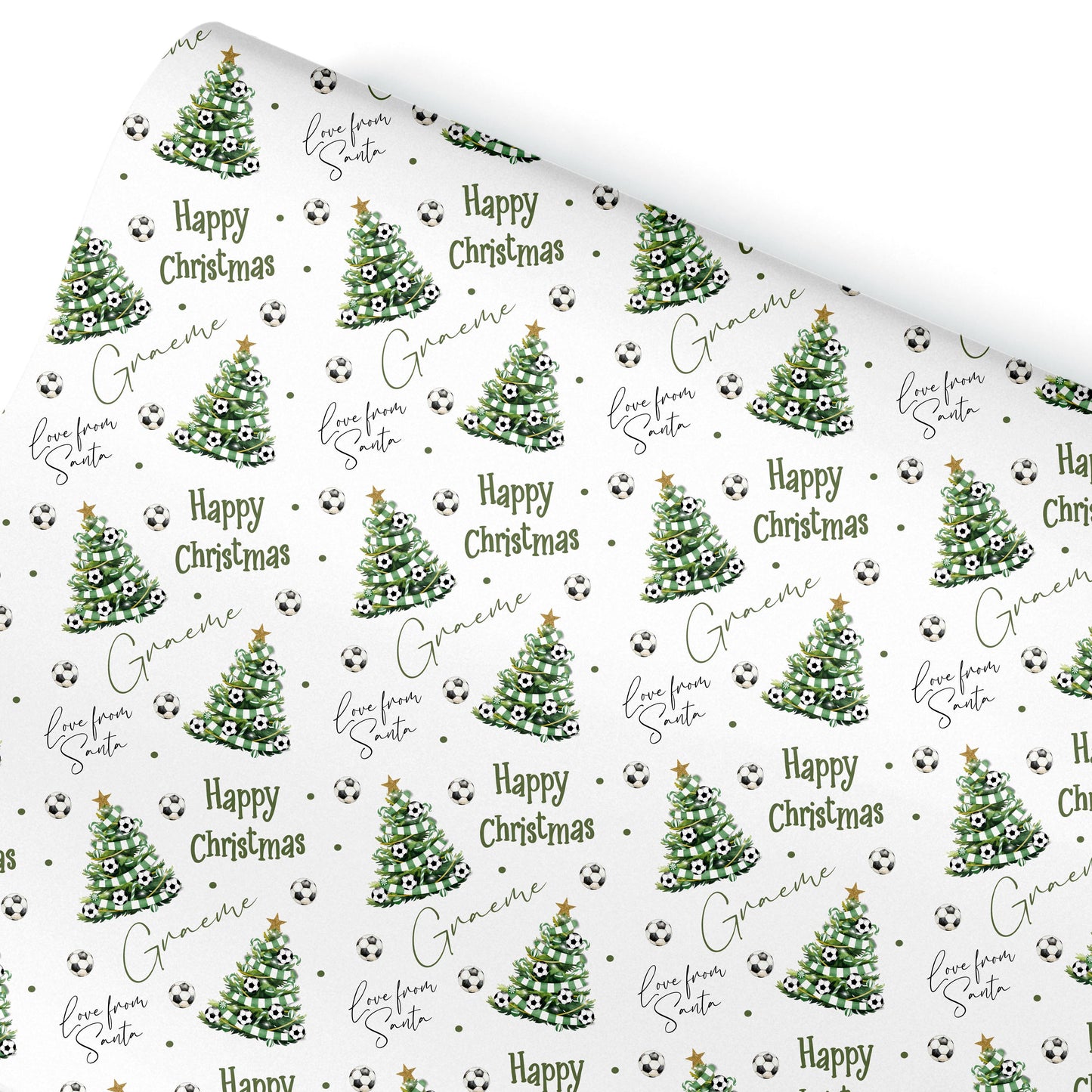 Personalised Christmas Gift Wrap – Football Christmas Tree Design, Footie Green and White Scar Boys Girls