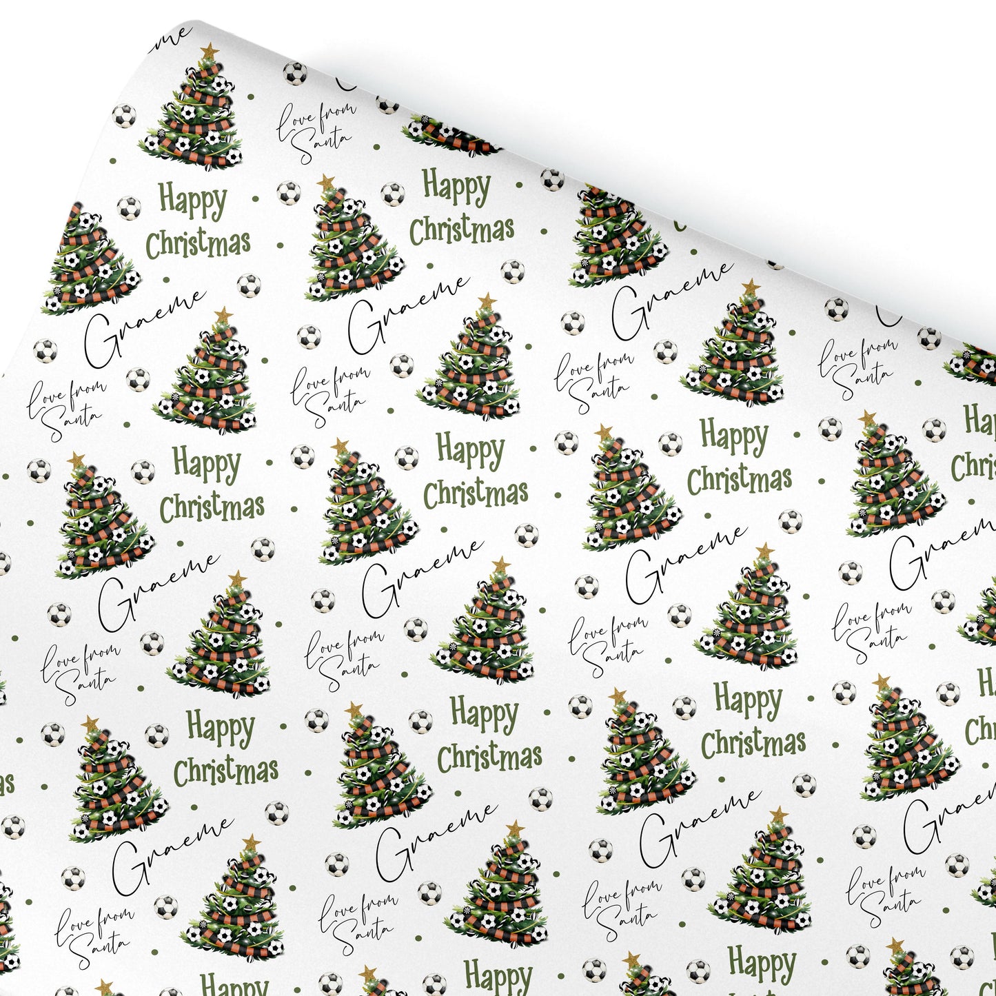Personalised Christmas Gift Wrap – Football Christmas Tree Design, Footie Black and Orange Scarf- teen gift wrap paper