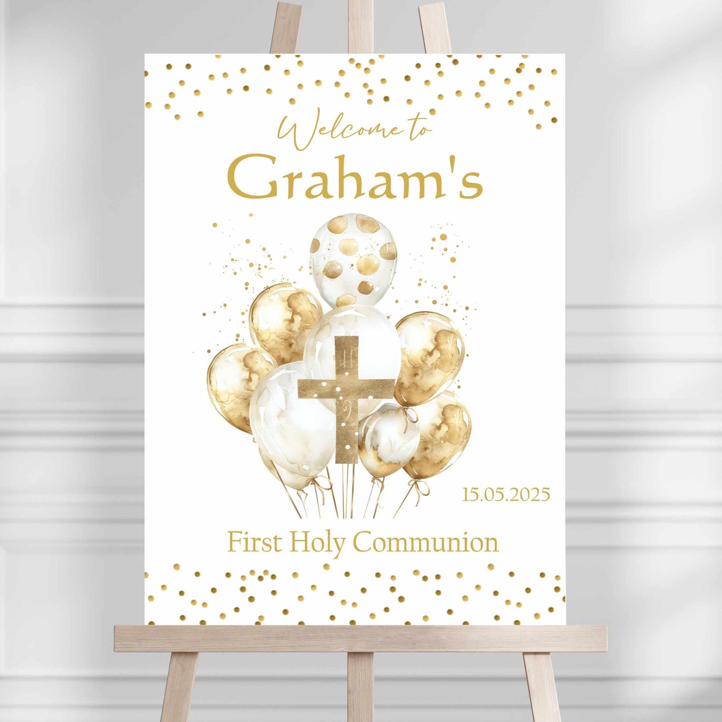 Printed Personalised First Holy Communion Welcome Sign, Custom Baptism & Christening Sign, Gold Balloons Boy or Girl