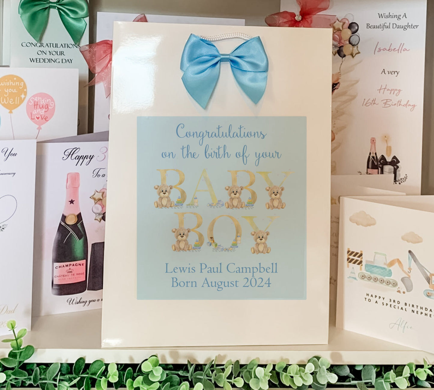 Personalised congratulations new baby boy gift bag watercolour teddy