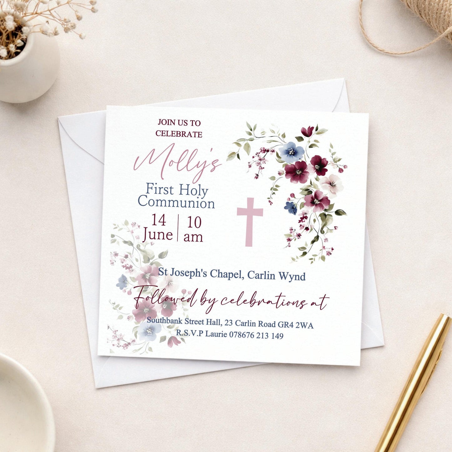 Printed Personalised First Holy Communion Invitations, Baptism or Confirmation Party