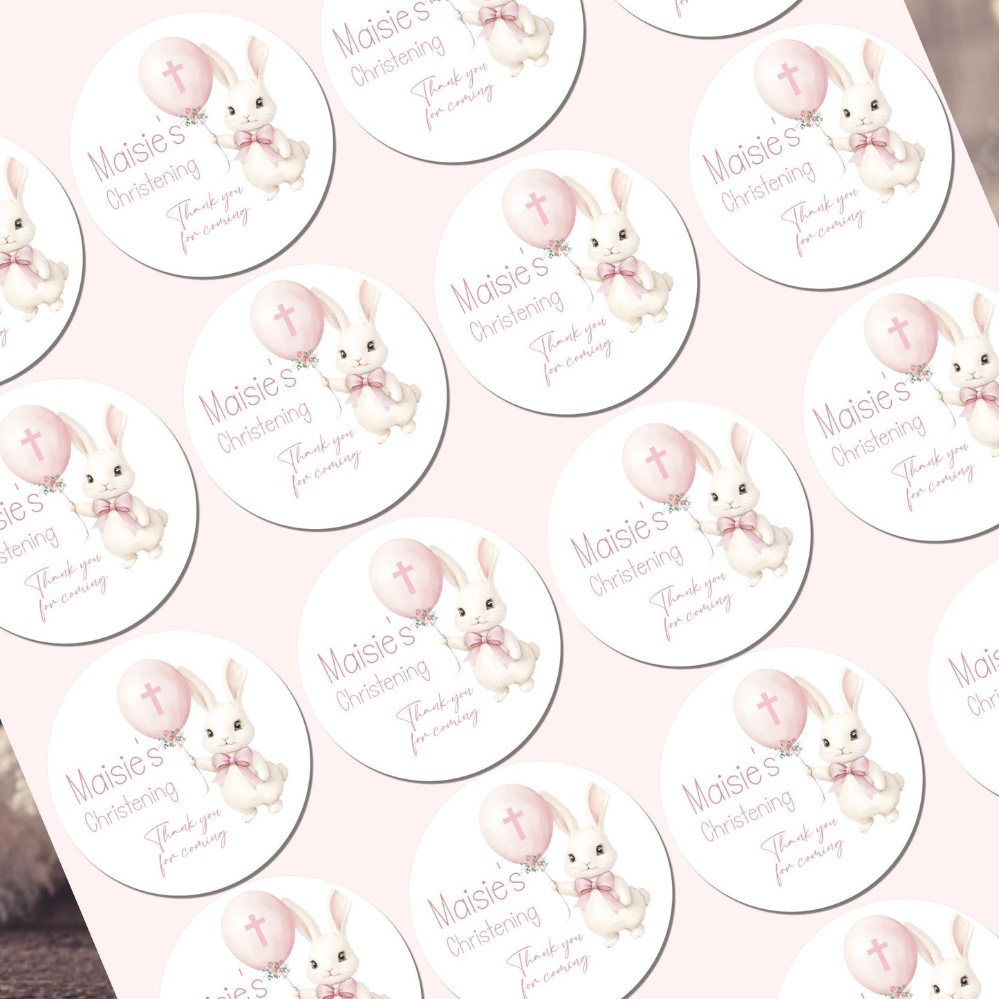 Personalized Christening Stickers, Pink Bow Party Favors Baptism Stickers