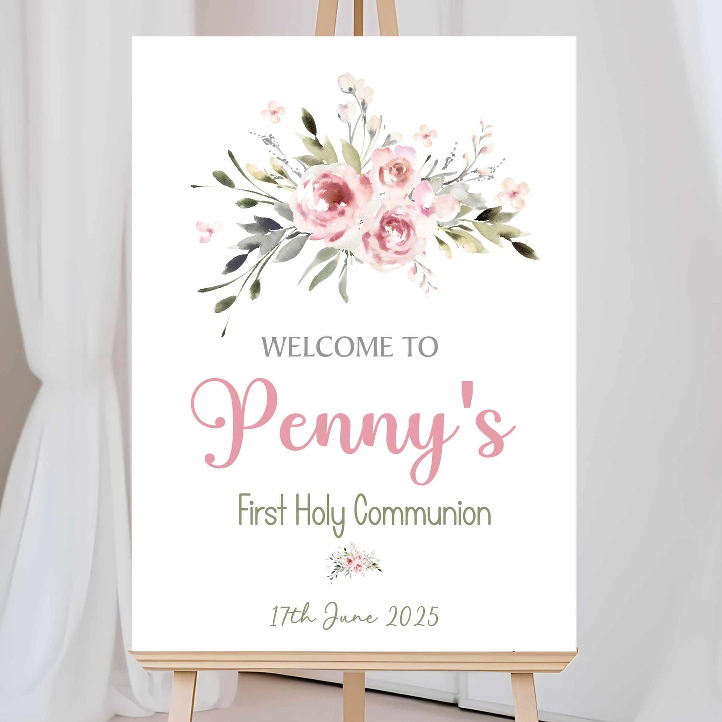 Printed Personalised First Holy Communion Welcome Sign, Custom Baptism & Christening Sign, Pink Floral