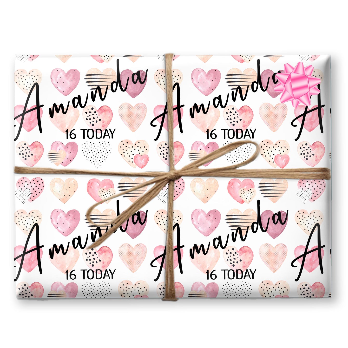 Personalised Gift Wrapping Paper, Custom Name Age Pink Hearts