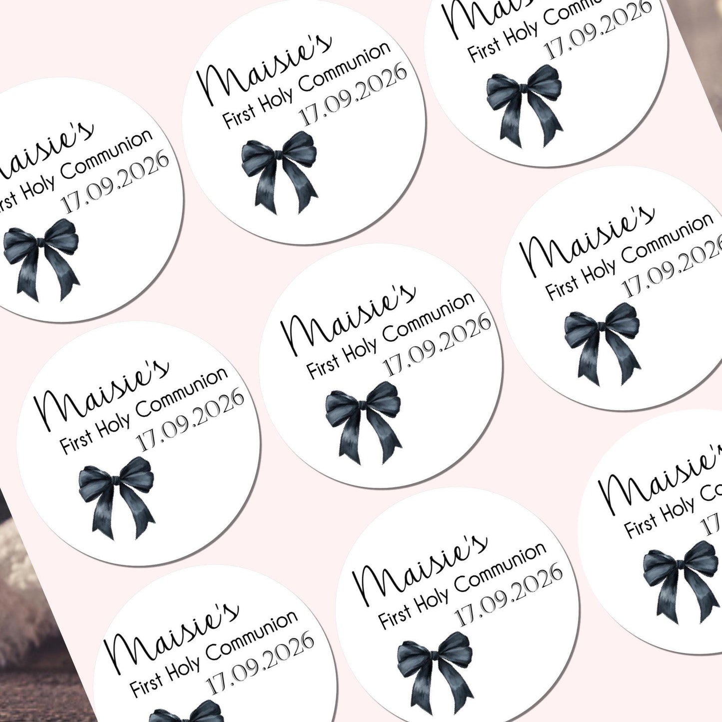 Personalised First Holy Communion Stickers, Black Bow Party Favours , Sweet Cone Bags Party Baptism Christening
