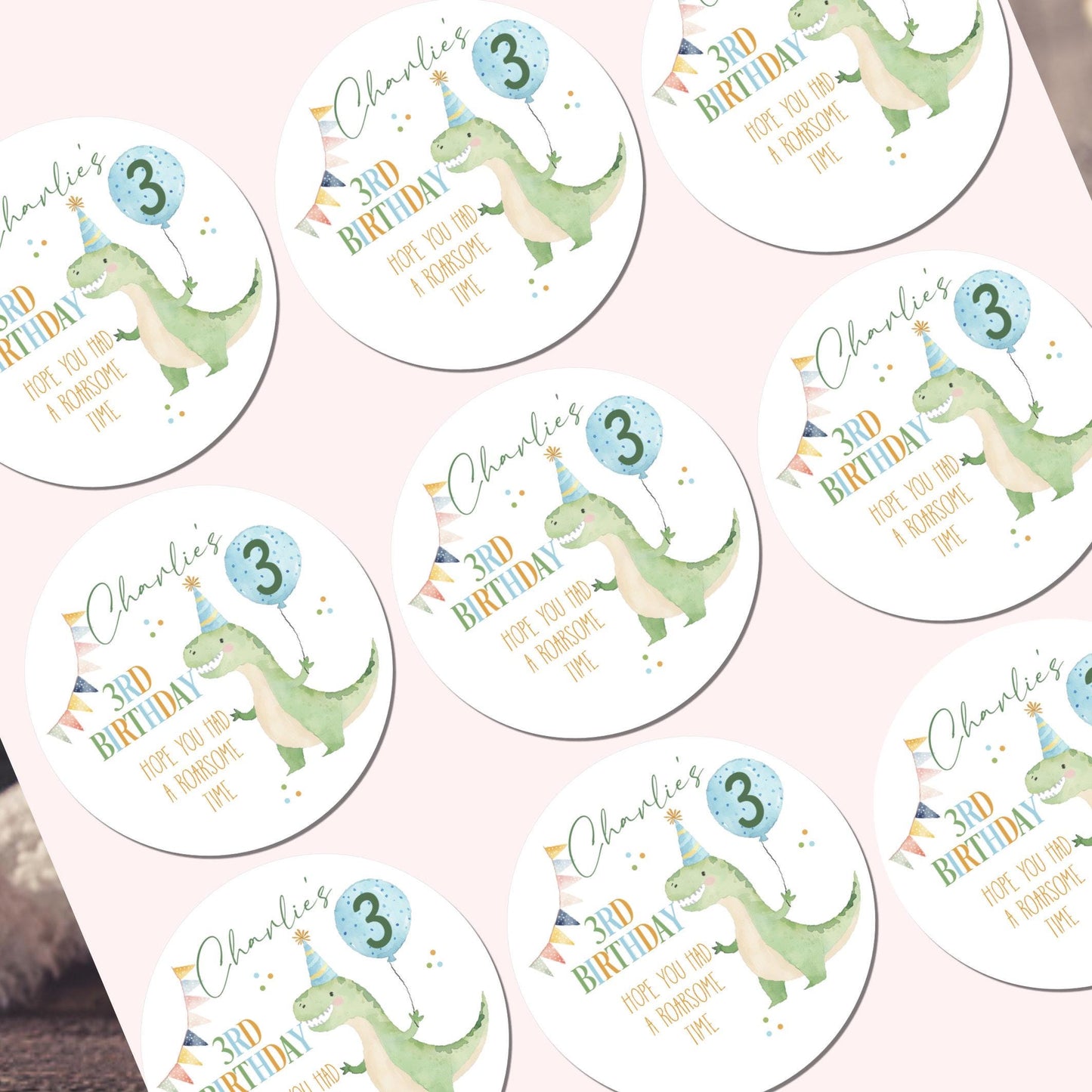 Personalized Dinosaur Birthday Party Stickers, Favor Bag Labels