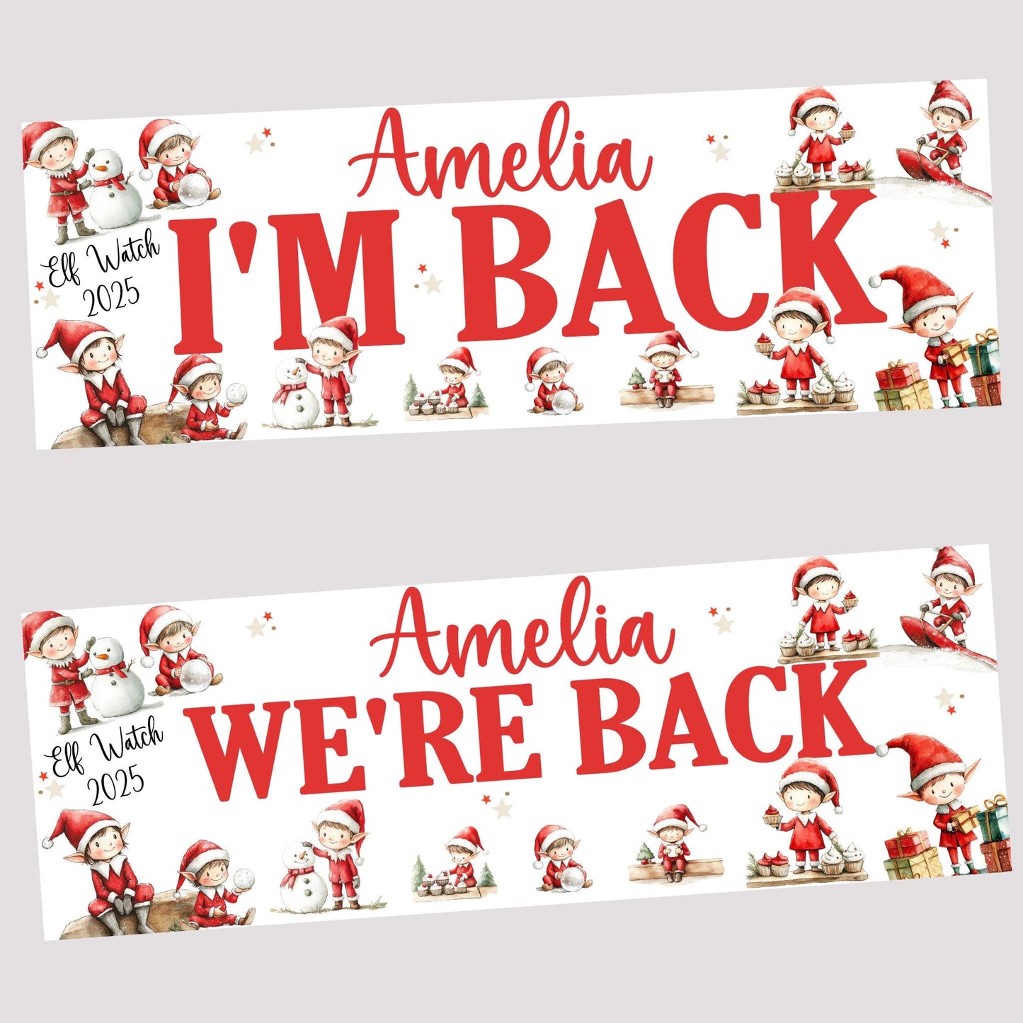 Personalised Christmas Elf Arrival Banner – 'I’m Back / We’re Back, Christmas Decoration, Elf Ideas