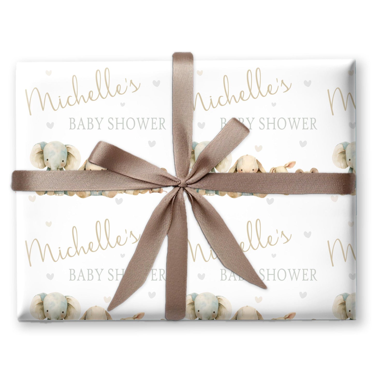 Personalised Baby Shower, New Baby Gift Wrapping Paper Custom Name & Date Watercolour Teddy Bear Animals