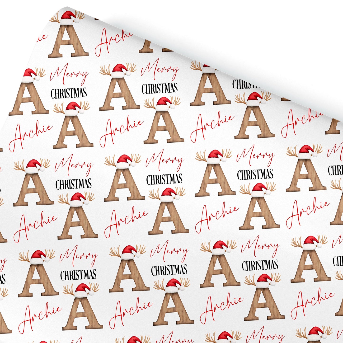 Personalised Christmas Gift Wrap – Wooden Initial with Santa Hat Design Wrapping Paper