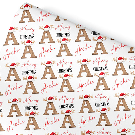 Personalised Christmas Gift Wrap – Wooden Initial with Santa Hat Design Wrapping Paper