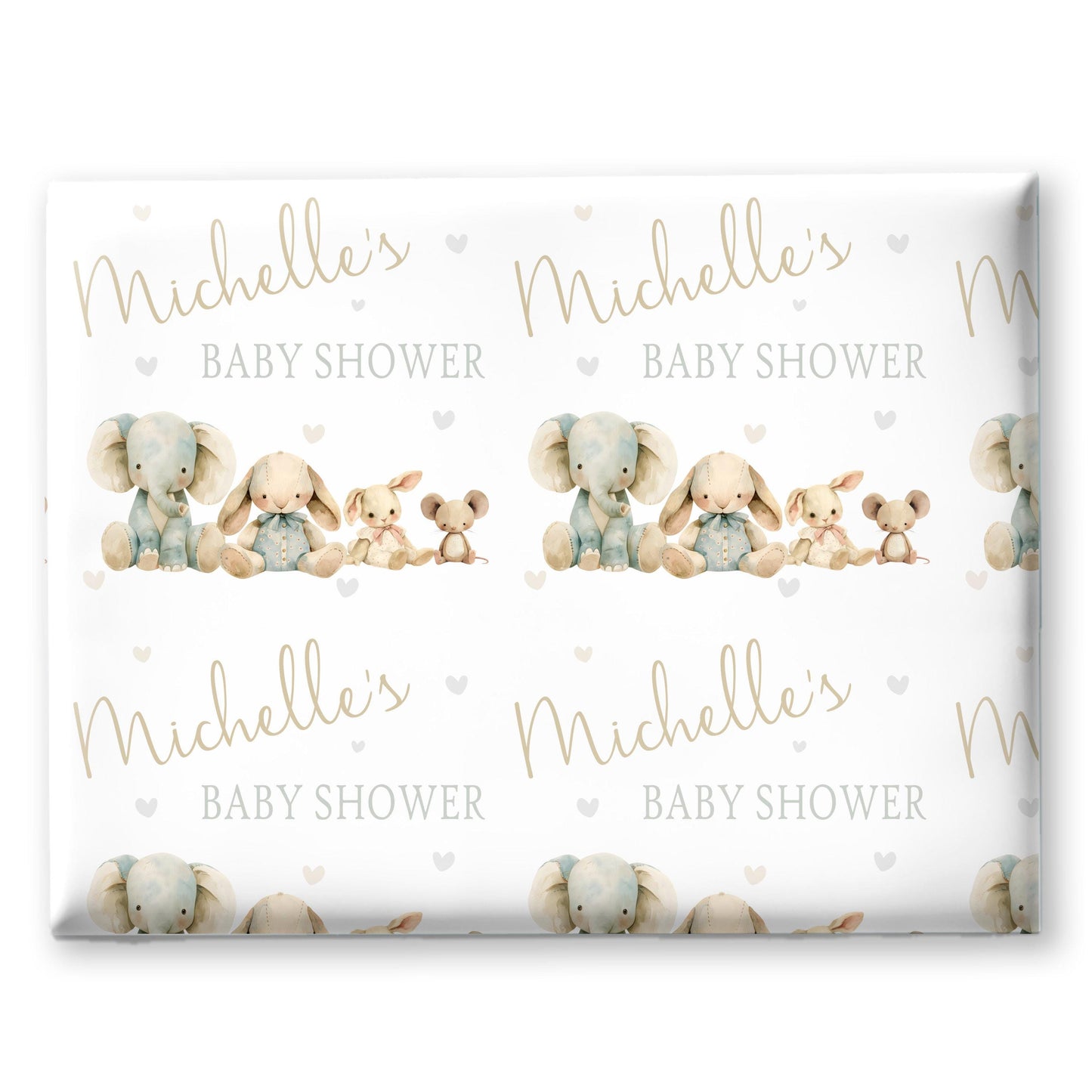 Personalised Baby Shower, New Baby Gift Wrapping Paper Custom Name & Date Watercolour Teddy Bear Animals