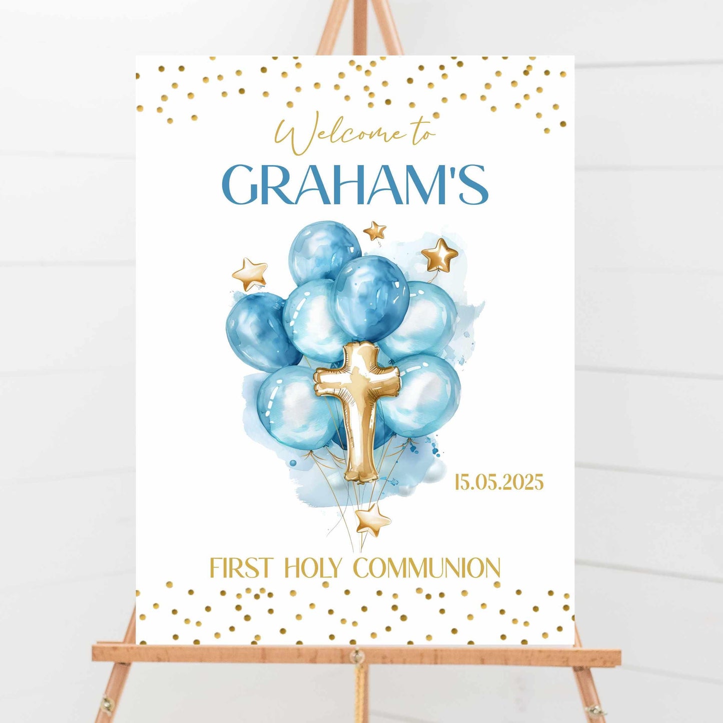 Printed Personalised First Holy Communion Welcome Sign, Custom Baptism & Christening Sign, Blue Balloons Boy