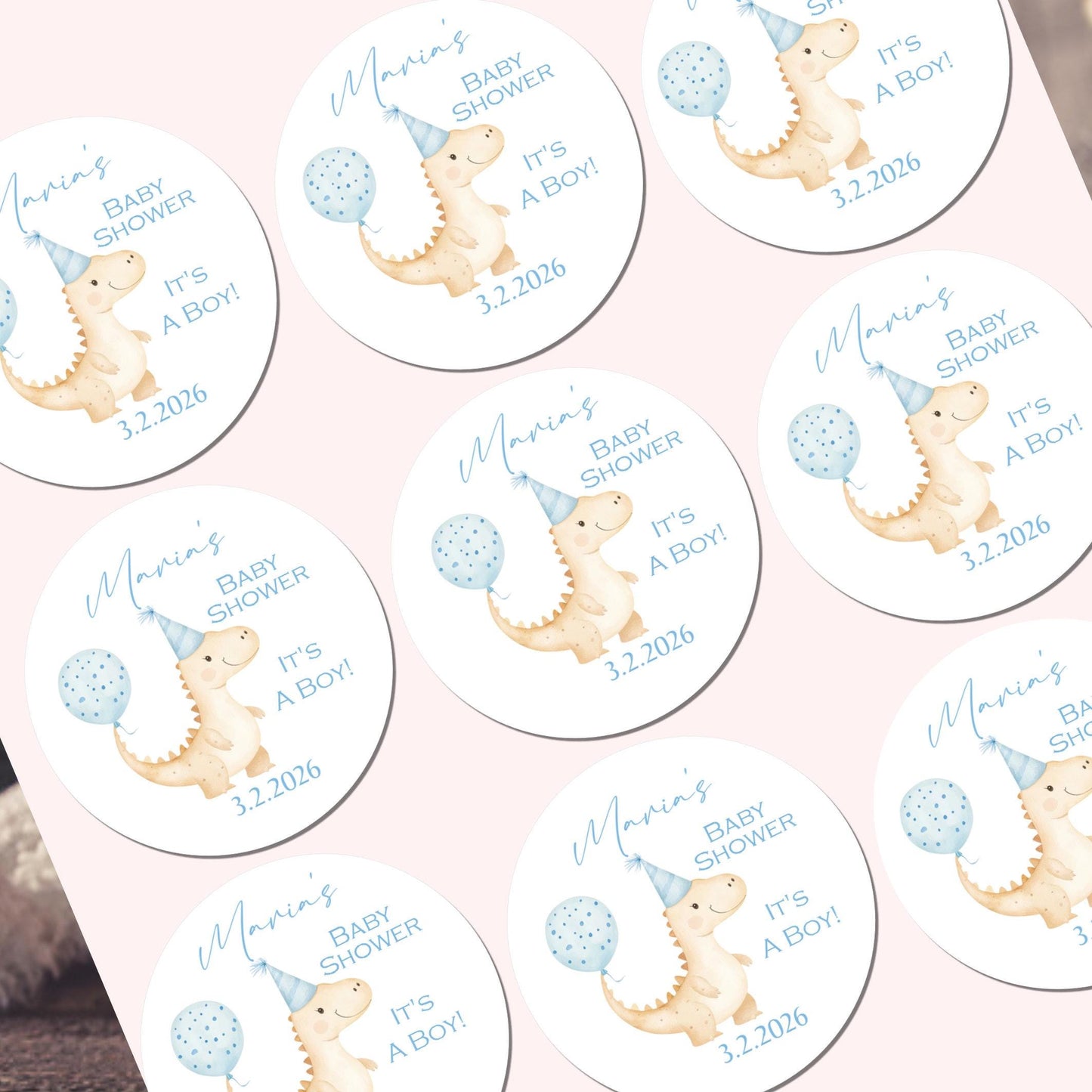 Personalised Baby Shower Stickers for Favours Party Bags Watercolour Dinosaur