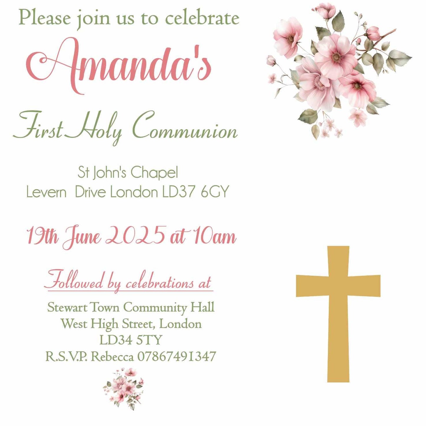 10 Printed Personalised First Holy Communion Invitations, Baptism or Confirmation Party