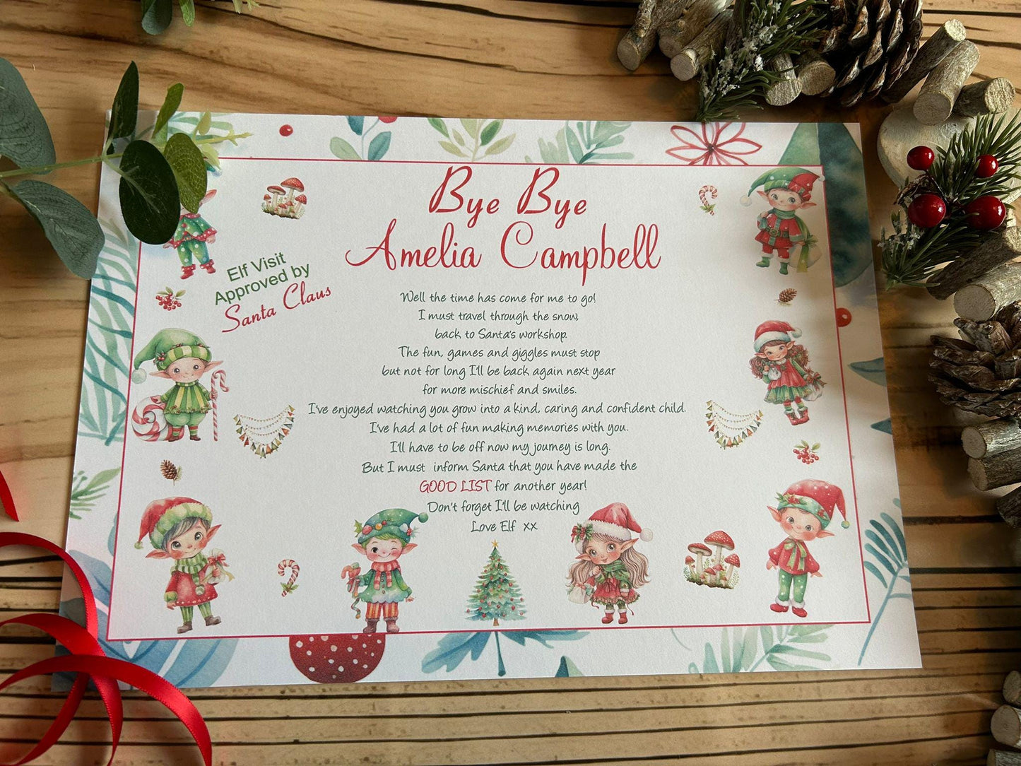 Personalised A4 Elf I'm Back letter Elf Goodbye nice list certificate christmas eve box filler Santas Good List Elf Mischief