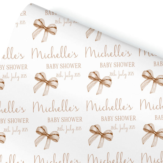 Personalised Baby Shower, New Baby Gift Wrapping Paper Custom Name & Date Watercolour Neutral Bow Design