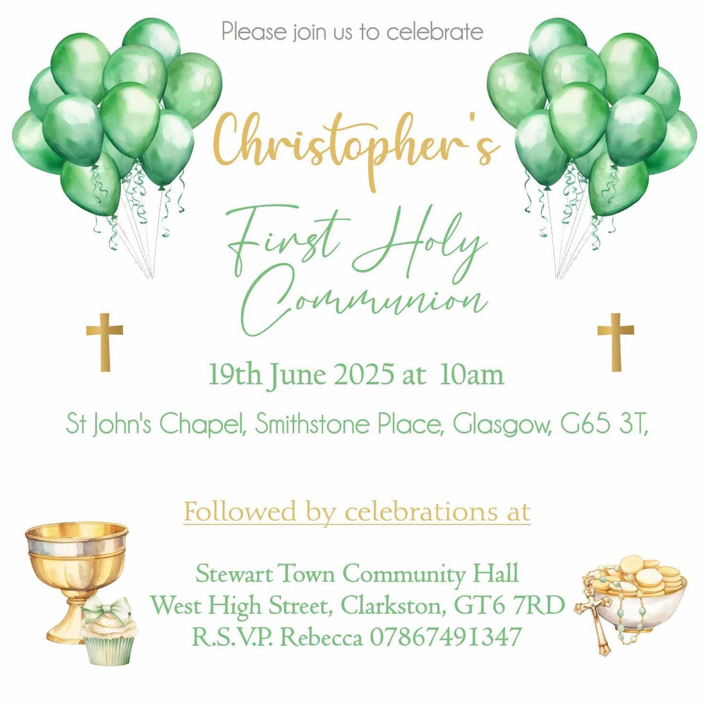 10 Printed Personalised First Holy Communion Invitations, Baptism or Confirmation Party