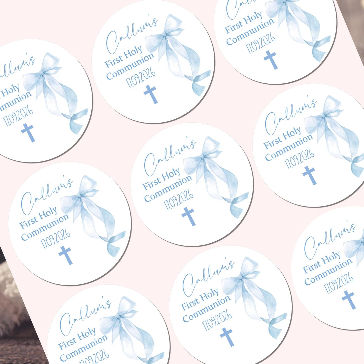 Personalized First Holy Communion Stickers, Pink Bow Party Favors Confirmation Stickers