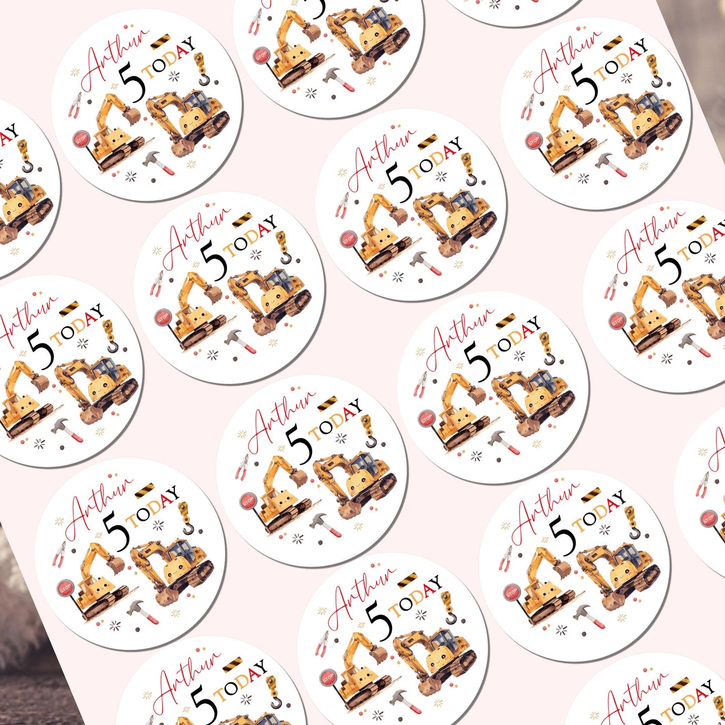 Personalised Digger Construction Party Stickers for Favours Party Bags Boys Girls Trucks Toy Cars