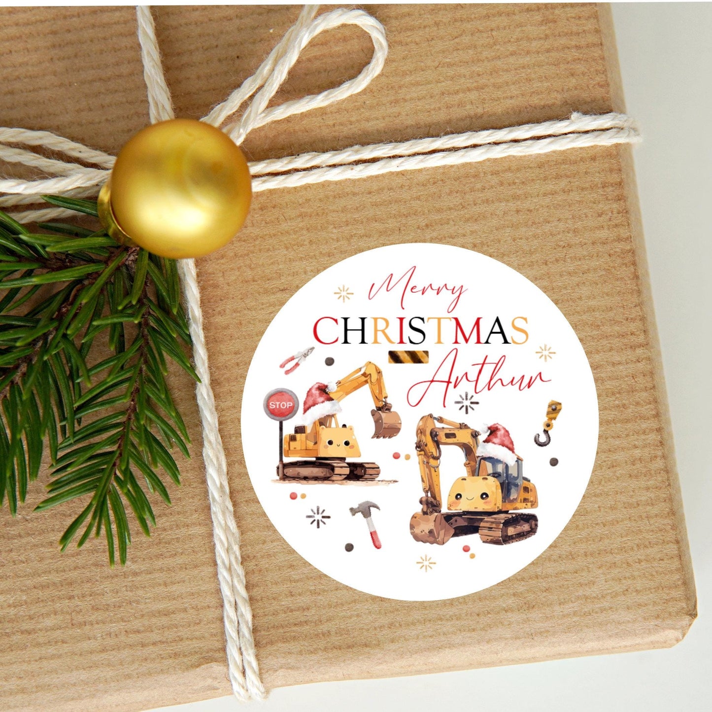 Personalised Christmas Stickers Labels For Wrapping Gifts, Name Tag, Diggers
