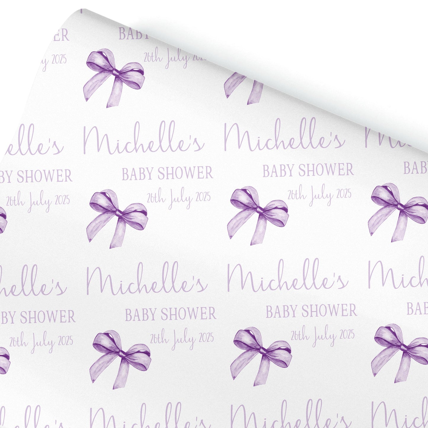 Personalised Baby Shower, New Baby Gift Wrapping Paper Custom Name & Date Watercolour Lilac Bow Design