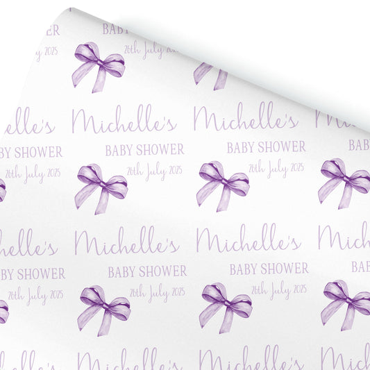 Personalised Baby Shower, New Baby Gift Wrapping Paper Custom Name & Date Watercolour Lilac Bow Design