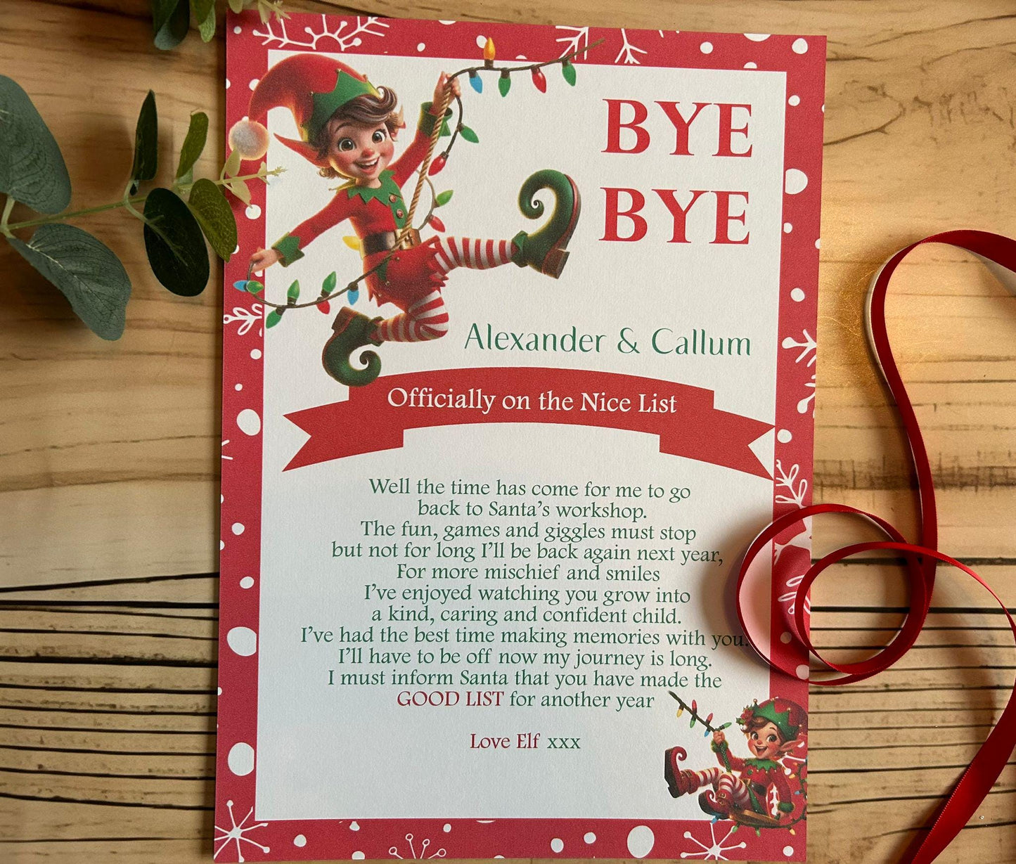 Personalised A4 Elf I'm Back letter Elf Goodbye nice list certificate christmas eve box filler Santas Good List Elf Mischief