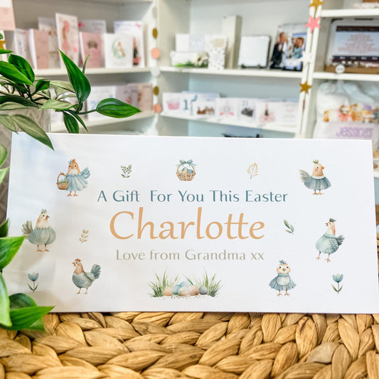 Personalised Easter Card Money Gift Wallet Hens Easter Chickens Daughter Grandson Niece Nephew