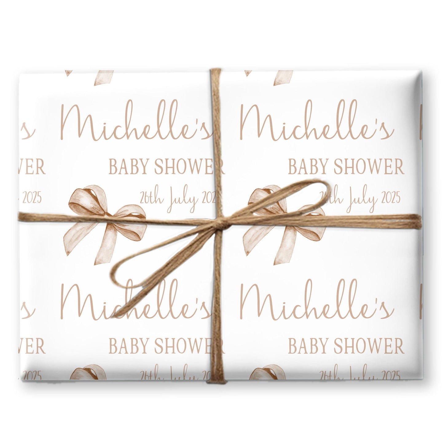 Personalised Baby Shower, New Baby Gift Wrapping Paper Custom Name & Date Watercolour Neutral Bow Design