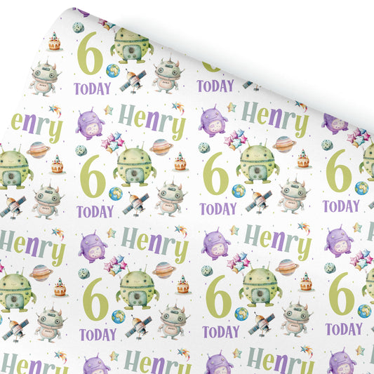 Personalised Aliens Gift Wrap, Personalised Kids Birthday Wrapping Paper, Gift Wrap for Children, Fun Gift Wrap for Grandson, Son, Daughter